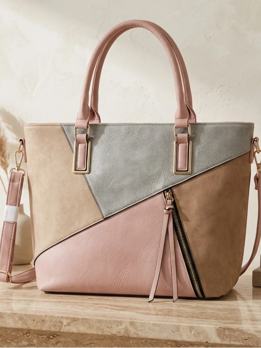 👜 Elegant & Spacious Handbag (Tote) Duo (Cream/Black + Pink) – Like New!